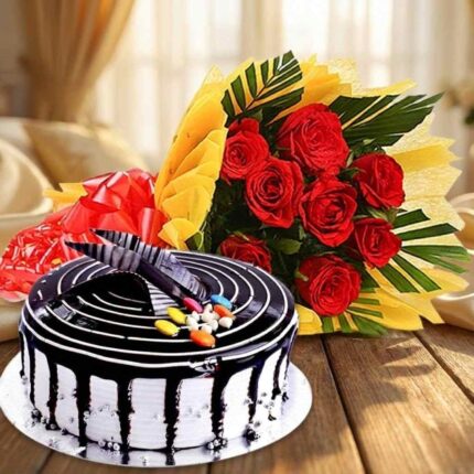 Choco-vanilla cake + 8 red roses